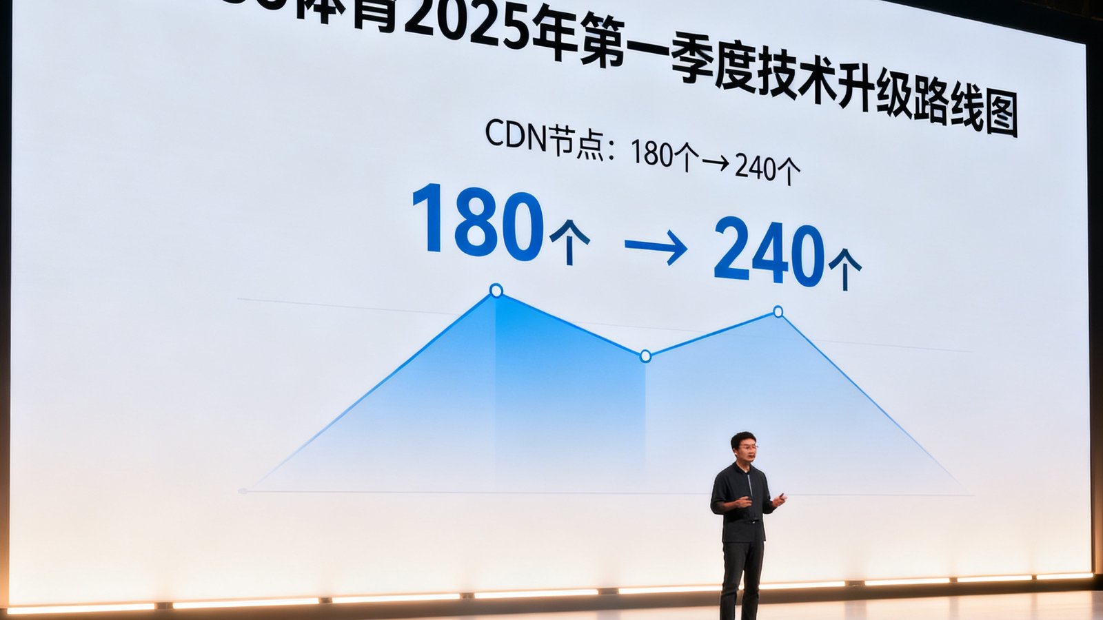 发布会舞台上，演讲者正在大屏幕前展示6686体育2025年第一季度的技术升级路线图，图表显示CDN节点从180个扩展至240个