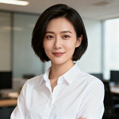 一位干练的短发女性电商创业者头像，穿着白色衬衫，背景是办公室环境