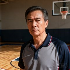 一位穿着运动polo衫的中年男性头像，面容坚毅，背景是篮球场
